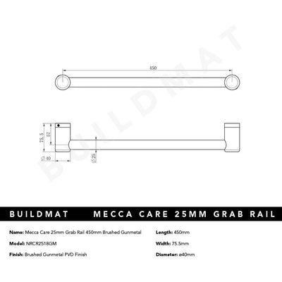 Mecca Care 25mm Grab Rail 450mm Brushed Gunmetal