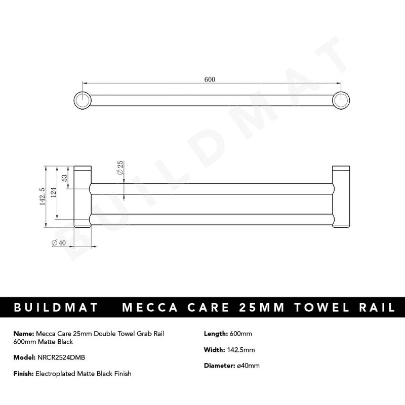 Mecca Care 25mm Double Towel Grab Rail 600mm Matte Black
