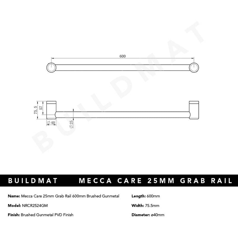 Mecca Care 25mm Grab Rail 600mm Brushed Gunmetal