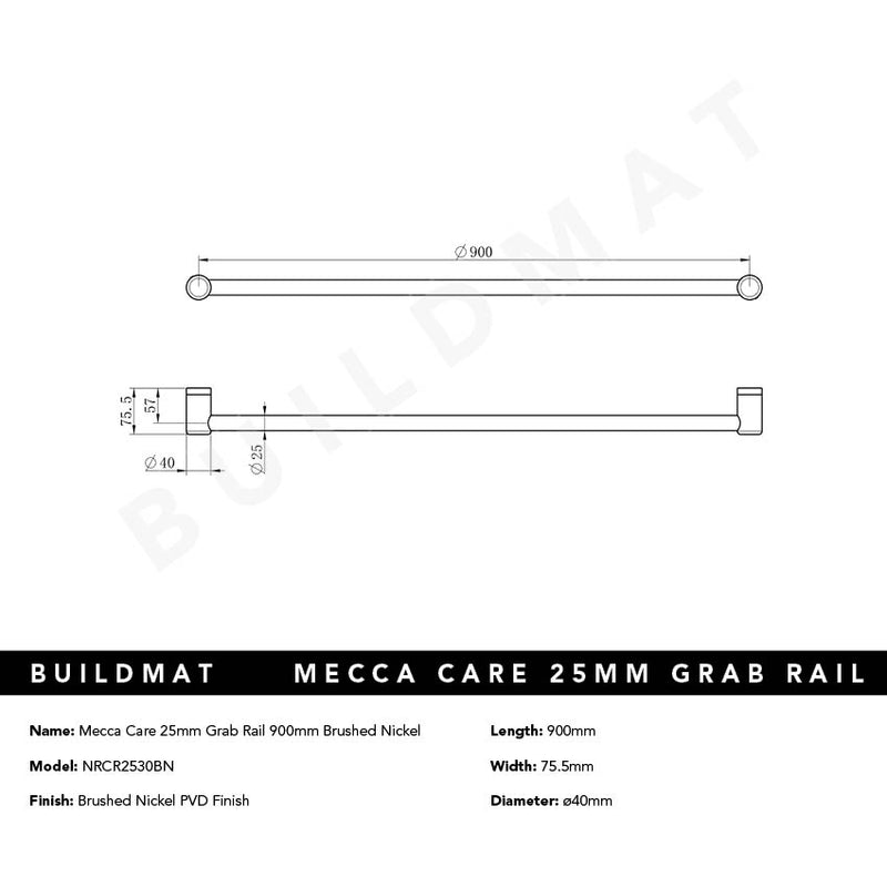 Mecca Care 25mm Grab Rail 900mm Brushed Nickel