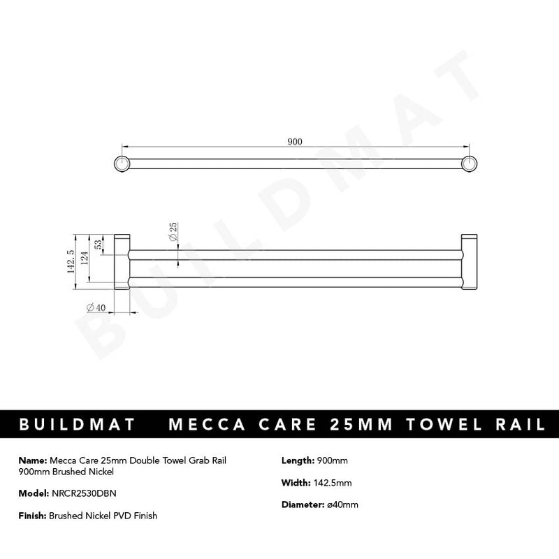 Mecca Care 25mm Double Towel Grab Rail 900mm Brushed Nickel
