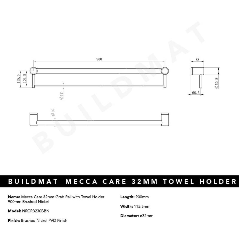 Mecca Care 32mm Grab Rail with Towel Holder 900mm Brushed Nickel