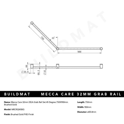 Mecca Care 32mm DDA Grab Rail Set 45 Degree 750x900mm Brushed Gold