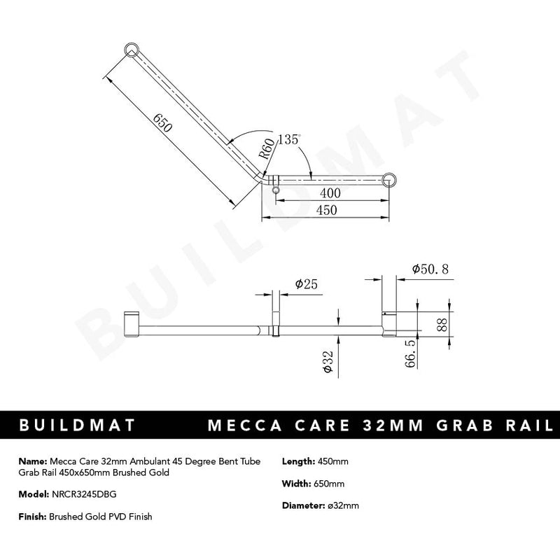 Mecca Care 32mm Ambulant 45 Degree Bent Tube Grab Rail 450x650mm Brushed Gold