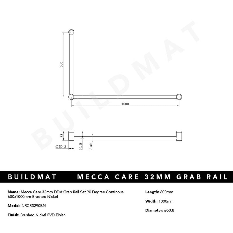Mecca Care 32mm DDA Grab Rail Set 90 Degree 600x1000mm Brushed Nickel