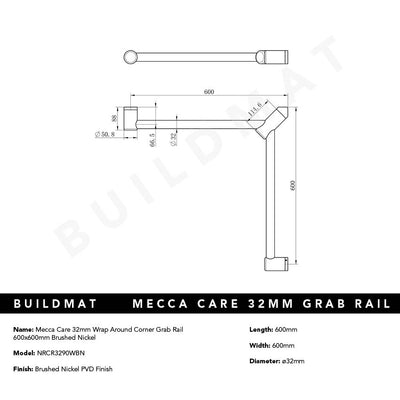Mecca Care 32mm Wrap Around Corner Grab Rail 600x600mm Brushed Nickel