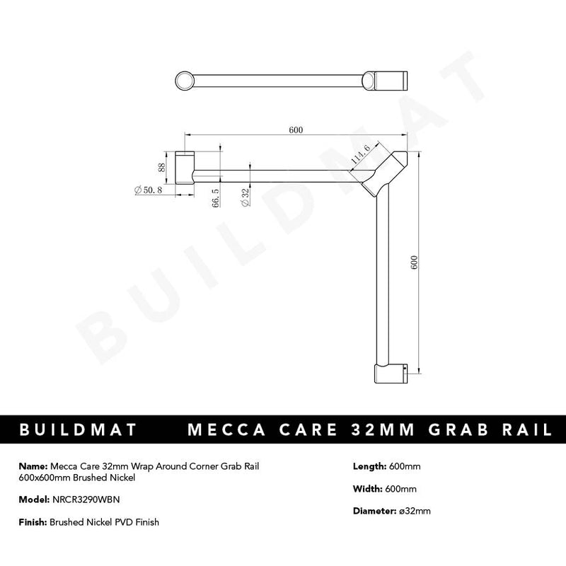 Mecca Care 32mm Wrap Around Corner Grab Rail 600x600mm Brushed Nickel