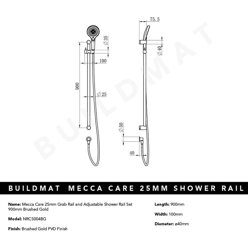 Mecca Care 25mm Grab Rail and Adjustable Shower Rail Set 900mm Brushed Gold