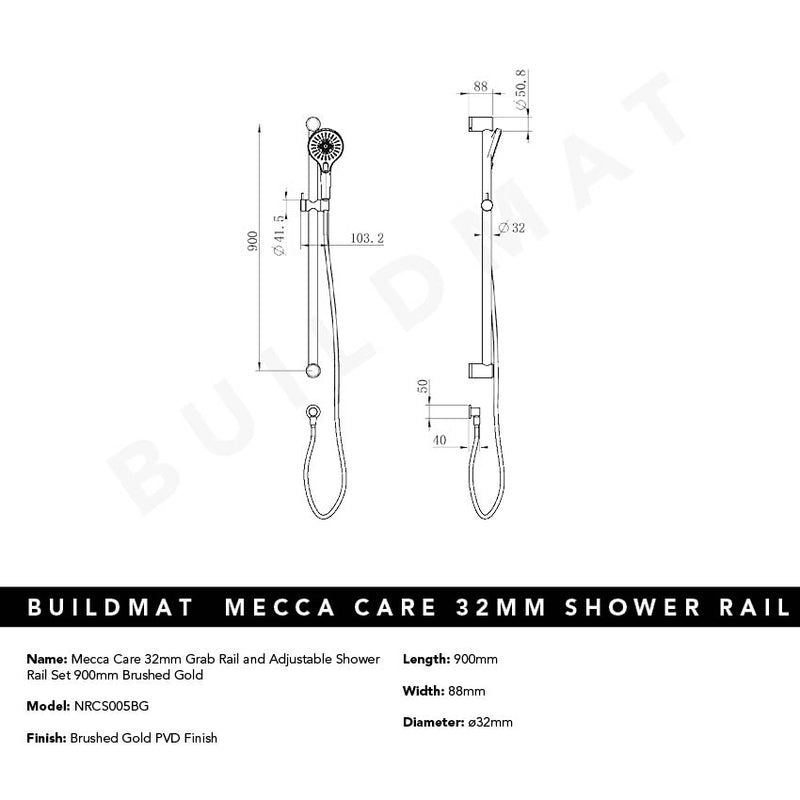Mecca Care 32mm Grab Rail and Adjustable Shower Rail Set 900mm Brushed Gold