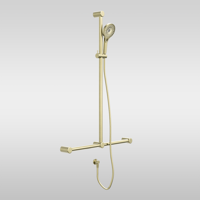 Mecca Care 32mm T Bar Grab Rail and Adjustable Shower Set 1100x750mm Brushed Gold