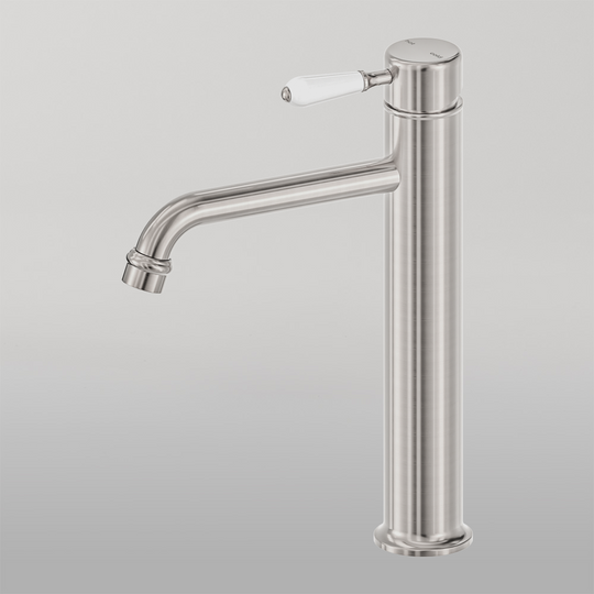 Nero York Straight Tall Basin Mixer With White Porcelain Lever Brushed Nickel