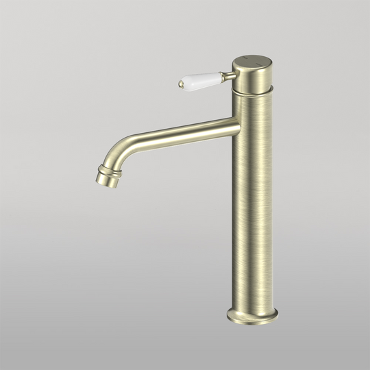 Nero York Straight Tall Basin Mixer With White Porcelain Lever Aged Brass