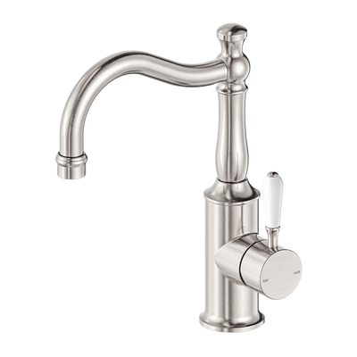 Nero York Basin Mixer Hook Spout With White Porcelain Lever Brushed Nickel