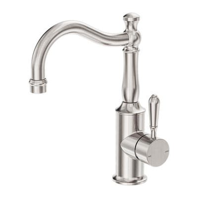 Nero York Basin Mixer Hook Spout With Metal Lever Brushed Nickel