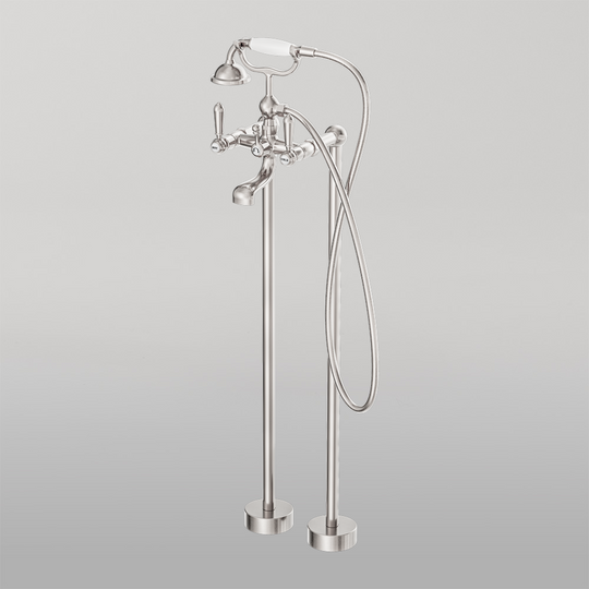Nero York Freestanding Bath Set With White Porcelain Hand Shower Brushed Nickel