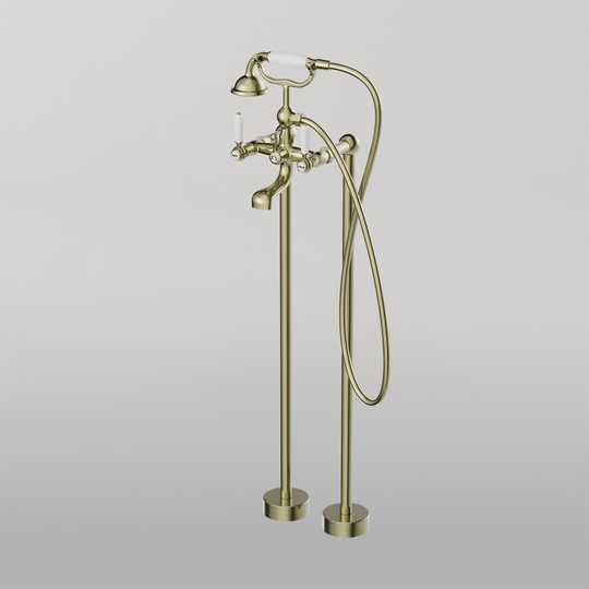 Nero York Freestanding Bath Mixer With White Porcelain Hand Shower Aged Brass