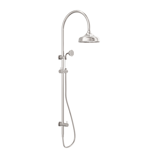 Nero York Twin Shower With White Porcelain Hand Shower Brushed Nickel