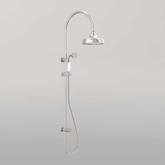 Nero York Twin Shower With White Porcelain Hand Shower Brushed Nickel