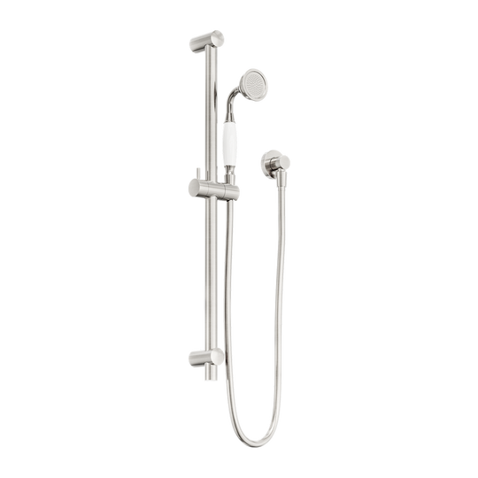 Nero York Shower Rail With White Porcelain Hand Shower Brushed Nickel