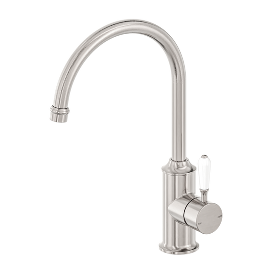 Nero York Kitchen Mixer Gooseneck Spout With White Porcelain Lever Brushed Nickel