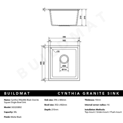Cynthia 396x446 Black Granite Square Single Bowl Sink