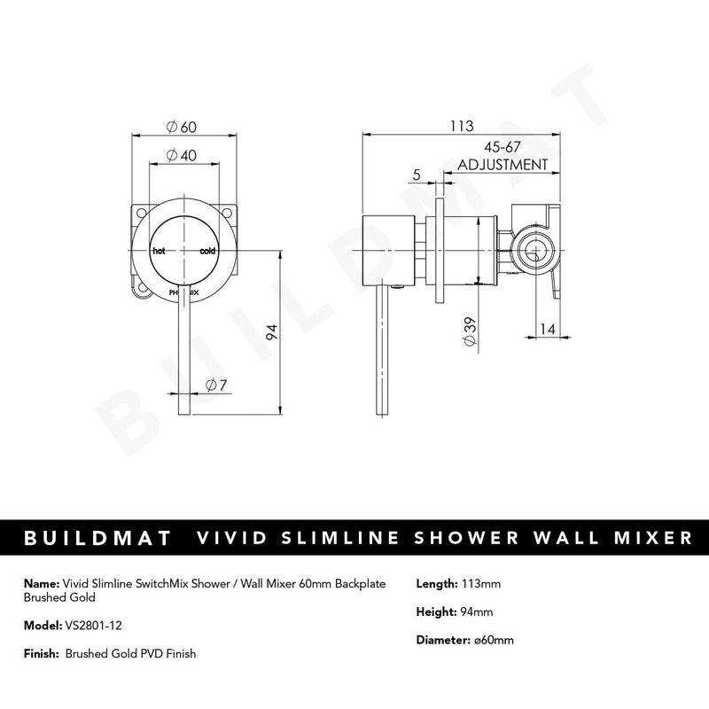 Vivid Slimline SwitchMix Shower / Wall Mixer 60mm Backplate Brushed Gold