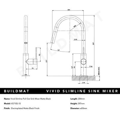 Vivid Slimline Matte Black Pull Out Sink Mixer