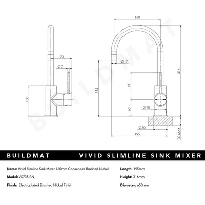 Vivid Slimline Brushed Nickel Sink Mixer 160mm Gooseneck