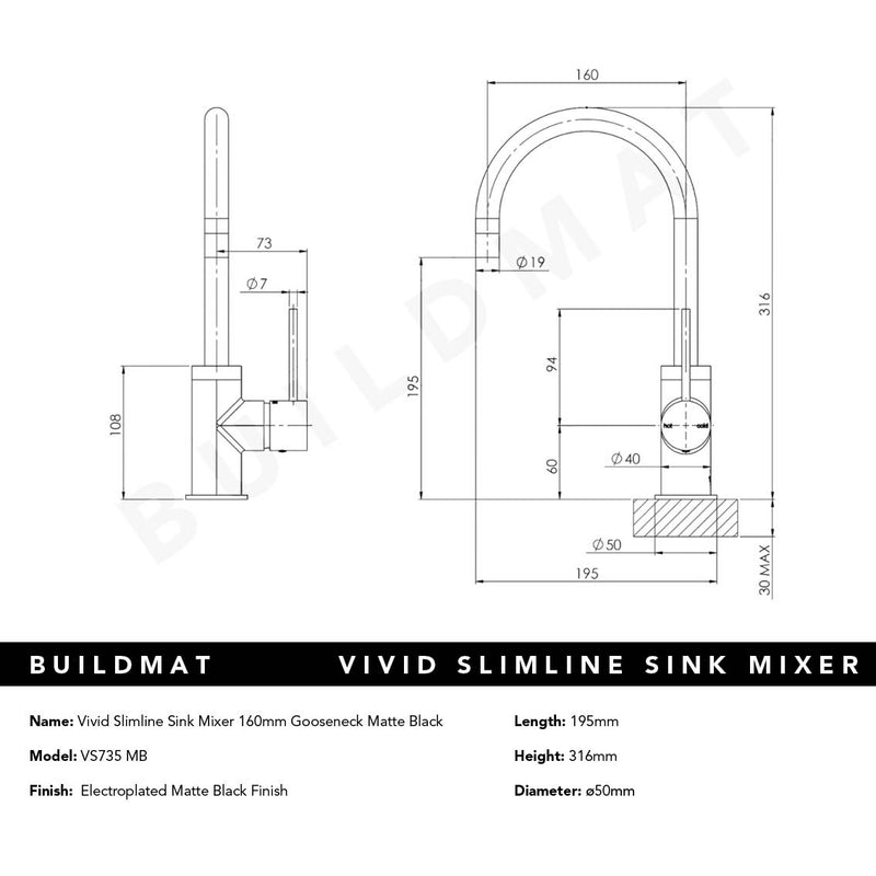 Vivid Slimline Matte Black Sink Mixer 160mm Gooseneck