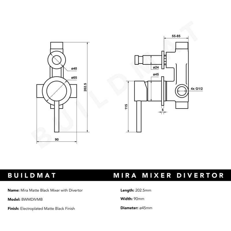 Mira Matte Black Wall Mixer with divertor