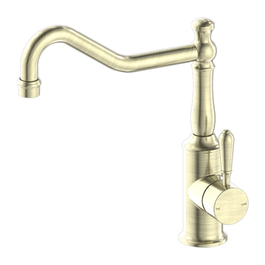 Nero York Kitchen Mixer Hook Spout with Metal Lever Aged Brass