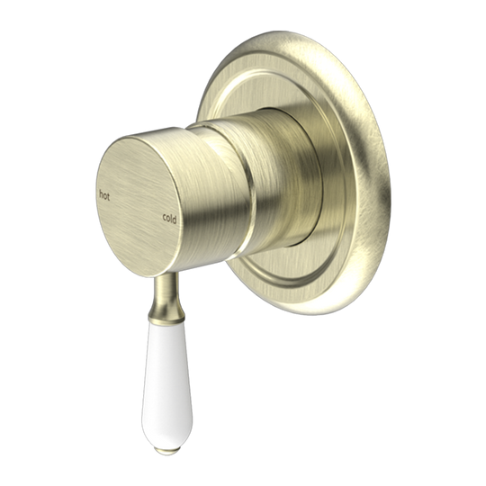 Nero York Shower Mixer with White Porcelain Lever Aged Brass