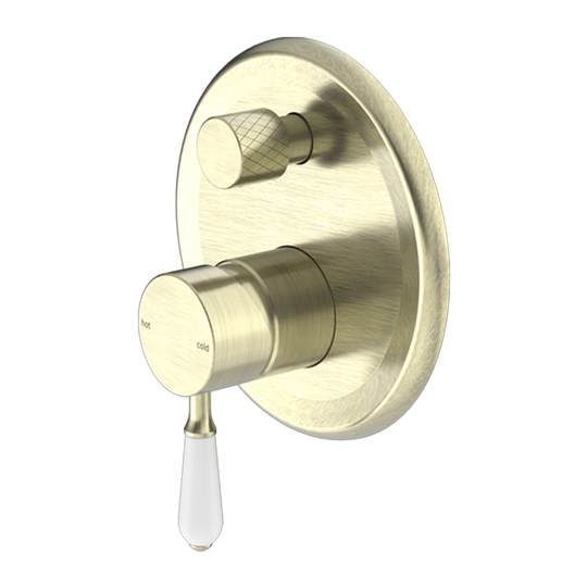 Nero York Shower Mixer with Divertor with White Porcelain Lever Aged Brass