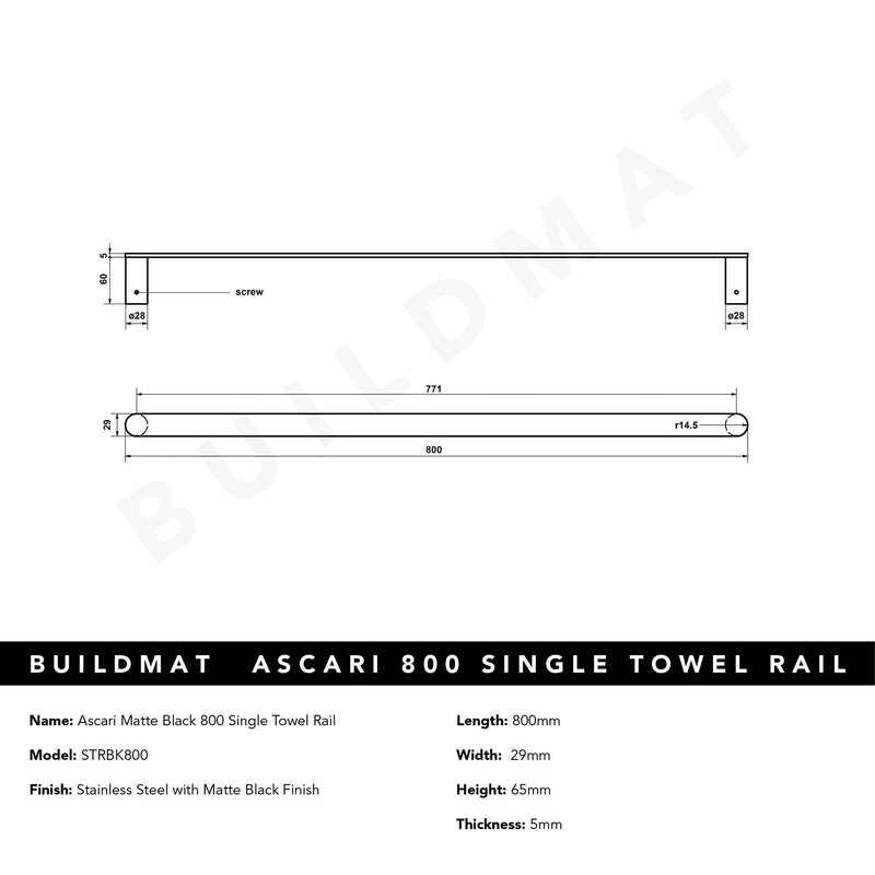 Ascari Matte Black 800 Single Towel Rail