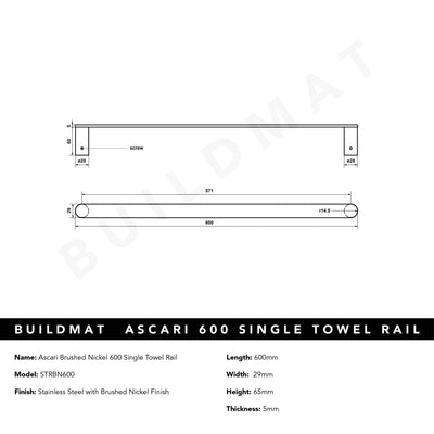 Ascari Brushed Nickel 600 Single Towel Rail