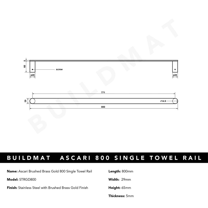 Ascari Brushed Brass Gold 800 Single Towel Rail