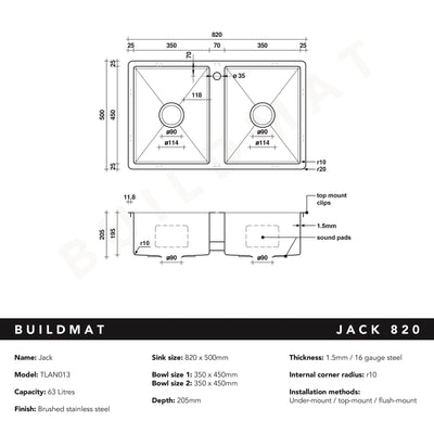 Buildmat Sink Brushed Stainless Steel Jack 820x500 Double Bowl Tap Landing Sink