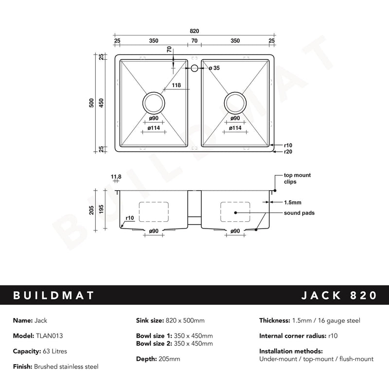 Buildmat Sink Brushed Stainless Steel Jack 820x500 Double Bowl Tap Landing Sink