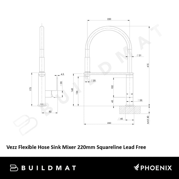 Phoenix Vezz Flexible Hose Sink Mixer 220mm Squareline Lead Free Matte Black