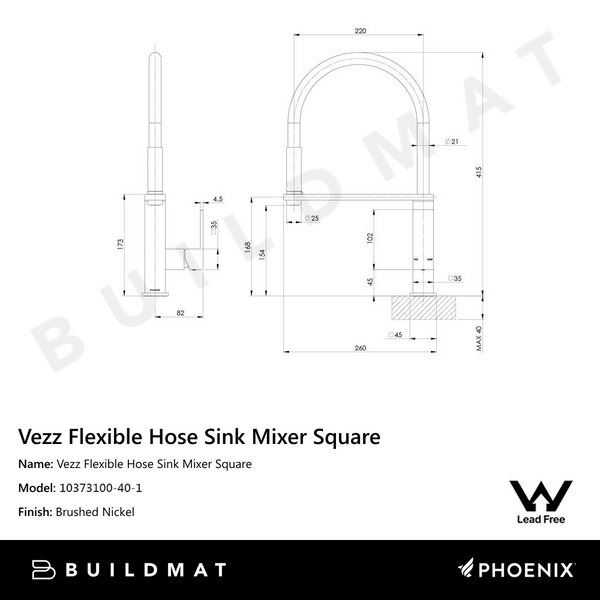 Phoenix Vezz Flexible Hose Sink Mixer Square 210mm Lead Free Brushed Nickel