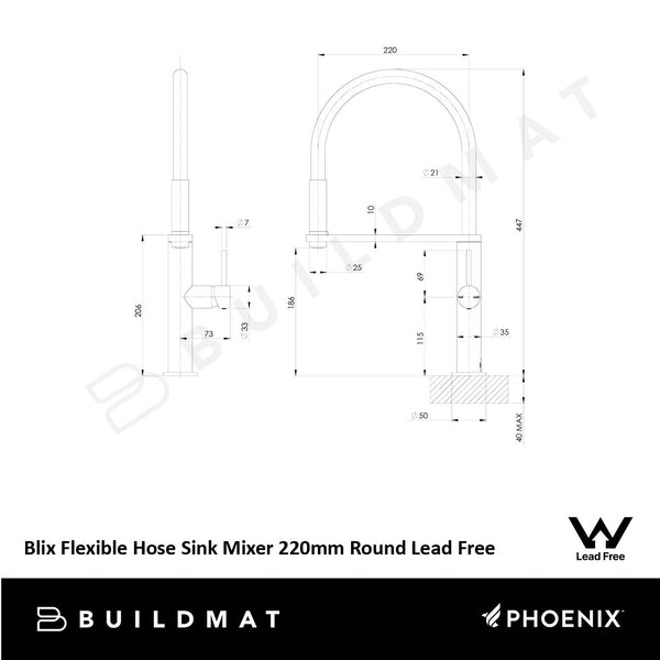 Phoenix Blix Flexible Hose Sink Mixer 220mm Round Lead Free