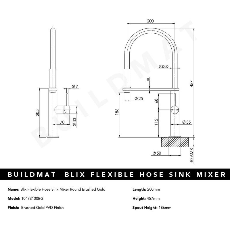 Blix Flexible Hose Brushed Gold Sink Mixer Round