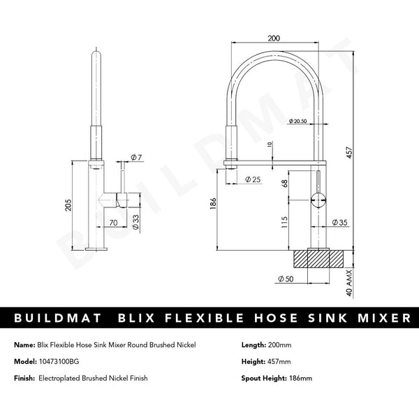 Phoenix Blix Flexible Hose Brushed Nickel Sink Mixer Round