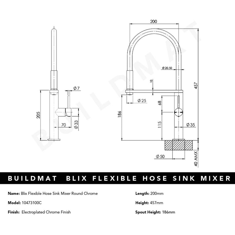 Blix Flexible Hose Chrome Sink Mixer Round
