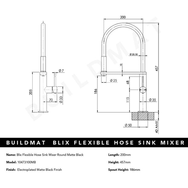 Phoenix Blix Flexible Hose Matte Black Sink Mixer Round