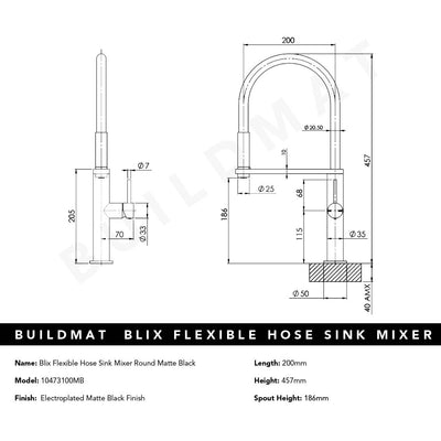 Blix Flexible Hose Matte Black Sink Mixer Round