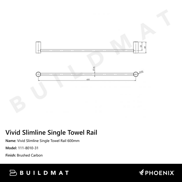 Phoenix Vivid Slimline Single Towel Rail 600mm Brushed Carbon