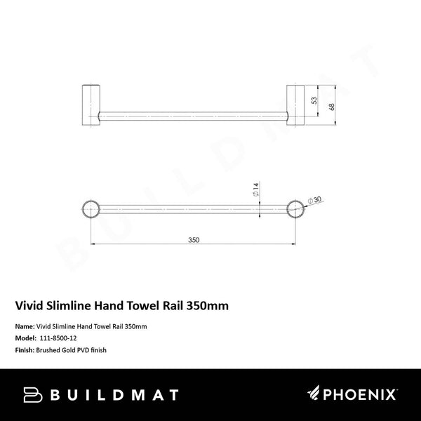 Phoenix Vivid Slimline Hand Towel Rail 350mm Brushed Gold