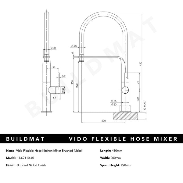 Phoenix Vido Flexible Hose Kitchen Mixer Brushed Nickel