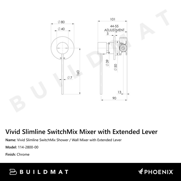 Phoenix Vivid Slimline SwitchMix Shower / Wall Mixer with Extended Lever (Complete Kit) Chrome